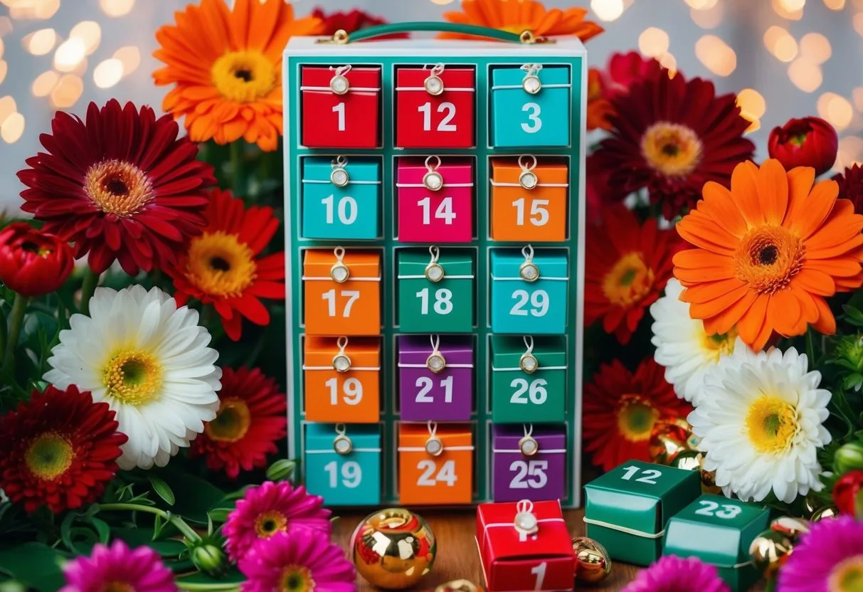En farverig julekalender omgivet af levende blomster leveret hurtigt